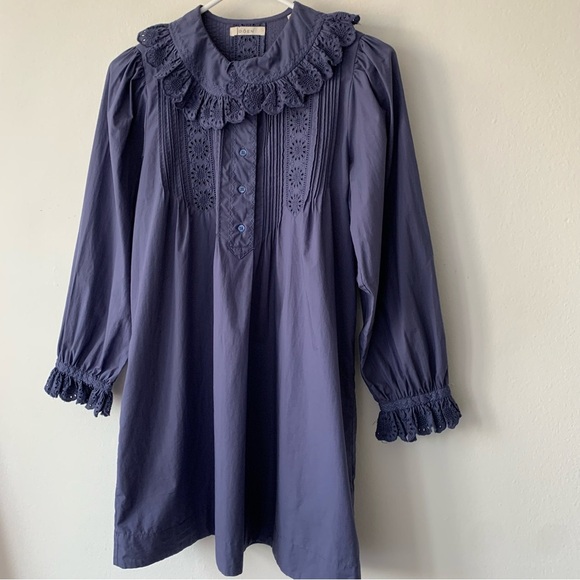 Doen Nerona Cotton Eyelet Ruffle Collar Long Sleeve Dress Atlantic Blue - Picture 7 of 12